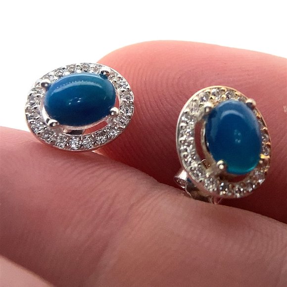 Blue Opal 1.80ct Platinum Finish Solid 925 Sterling Silver Earrings - Picture 1 of 7